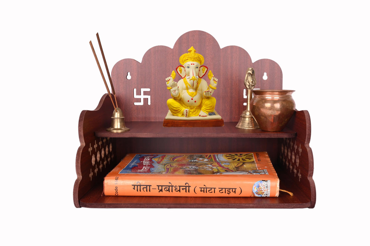 AR ART Dummy 1 Beautiful Wooden Pooja Stand for Pooja Mandir Temple and Office Puja Mandir Wall Mounted Size (L-11.25, W-9.50, H-9.25 Inch) Dark