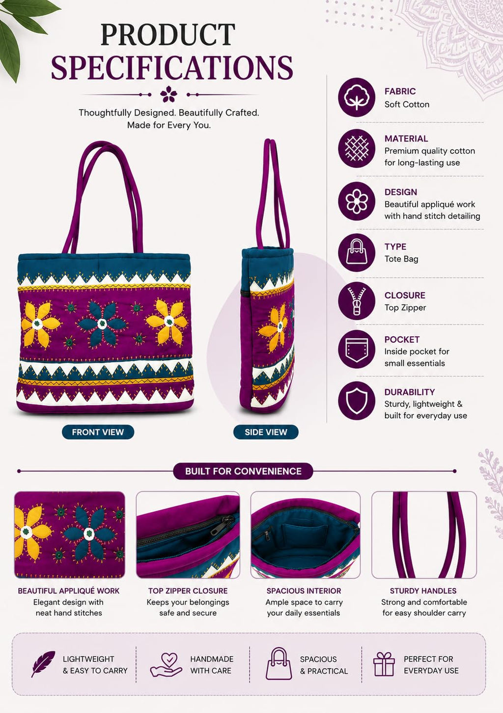 srishopify handicrafts Handcrafted Women's Tote Bag Handmade Shoulder Bags Traditional For Party Wedding Gift Magenta Black Pink (30X40X10 Cm Original Work Stylish)