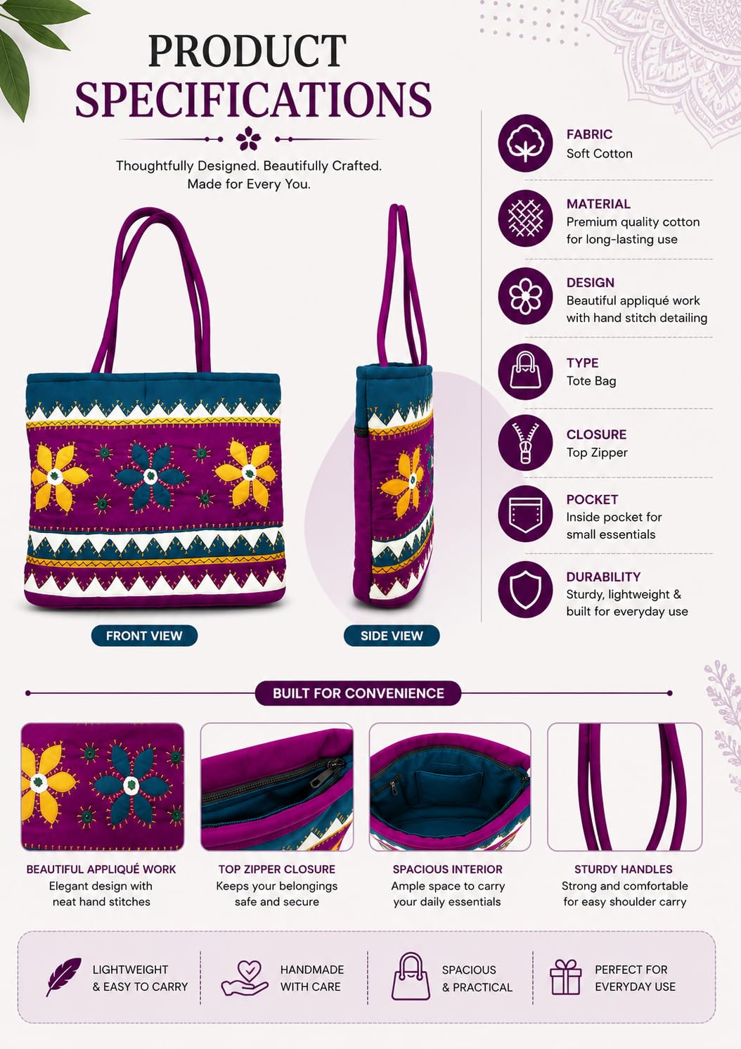 srishopify handicrafts Handcrafted Women's Tote Bag Handmade Shoulder Bags Traditional For Party Wedding Gift Magenta Black Pink (30X40X10 Cm Original Work Stylish)
