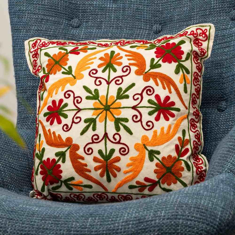ATRANGI STUDIO Embroidered Cushion Covers - Set of 2 | Traditional Rustic Bloom Aari Embroidery | Threadwork Throw Pillow Covers with Zip Closure | Perfect for Sofa, Chair | 16x16 Inch, Multicolor