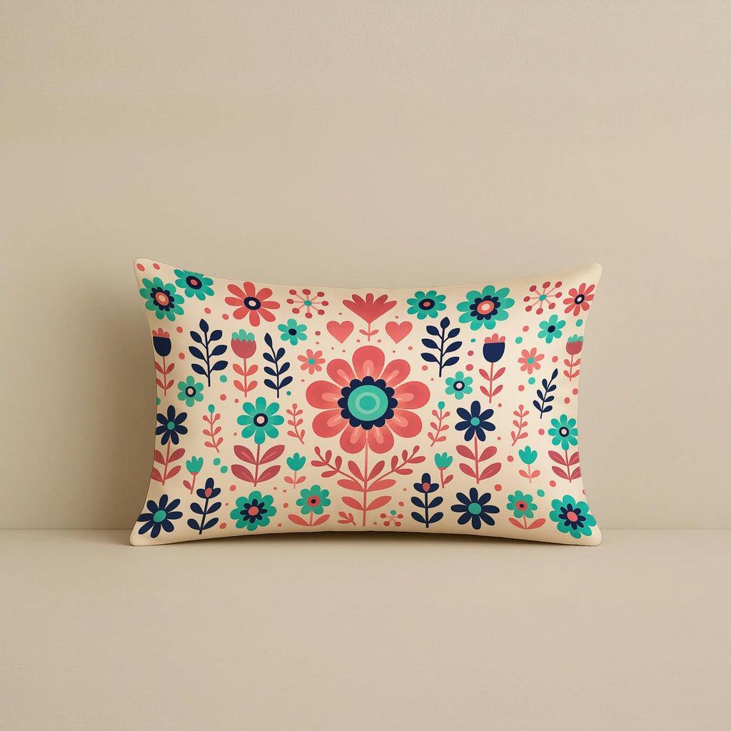 STITCHNEST Folk Art Satin Cushion Covers Peacock & Botanical Motif, 12x18 Inches, Decorative Set for Living Room (Pack of 2)