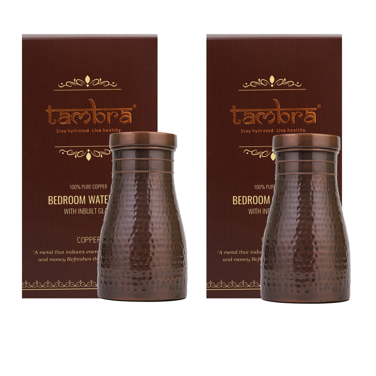 Tambra Copper Bedroom Jar with Inbuilt Glass | Rarity Hammered Design | Handcrafted, Leakproof, Jointless | Ayurvedic Benefits, Antioxidant Properties | 1200 ml (Pack of 2)