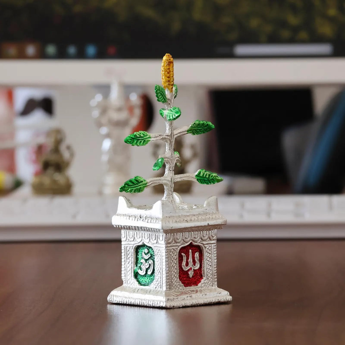 KridayKraft Spiritual Graceful Tulsi Plant Artifical Decorative Showpiece Figurine for Pooja Room, Home Temple, Office & Gifting Accent for Pooja Room, Symbol of Positivity & for Gifting (Silver)