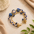 Shubhanjali Royal Fortune Rakhi for Bhabhi | Crystal Beads & Blue Floral Charm | Handmade Designer Lumba Rakhi for Sister | Raksha Bandhan Gift Set with Roli Chawal, Greeting Card & Potli