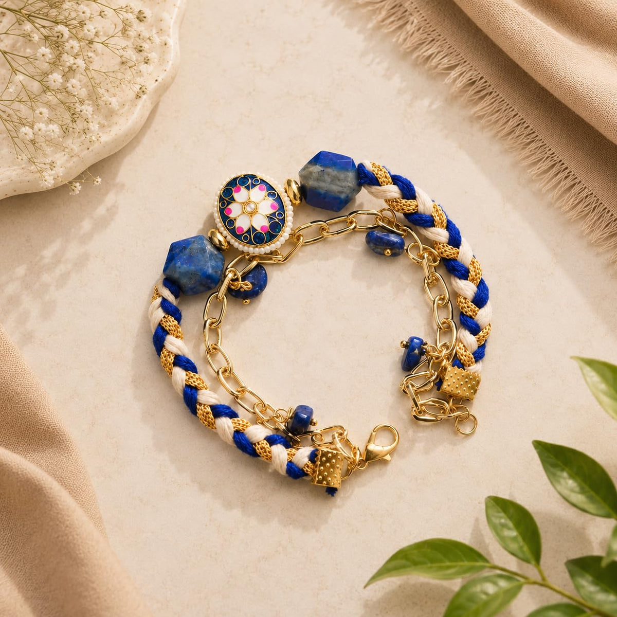 Shubhanjali Royal Fortune Rakhi for Bhabhi | Crystal Beads & Blue Floral Charm | Handmade Designer Lumba Rakhi for Sister | Raksha Bandhan Gift Set with Roli Chawal, Greeting Card & Potli