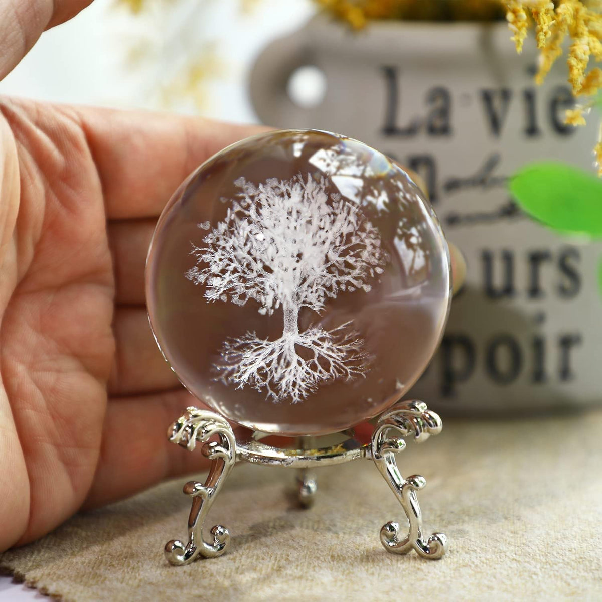 Neouth 60mm Tree of Life Crystal Ball with Stand Decorative Paperweight 3D Laser Engraved Glass Plant Life Tree Sphere Novelty Home Decor