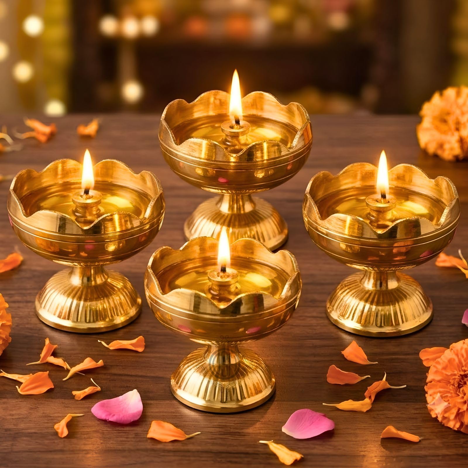 Brass Diya Pure Brass Traditional Oil Puja Lamp for Temple, Mandir, Festival Decoration, Home Decor & Diwali Gift (Flower Bloom, Set of 4)