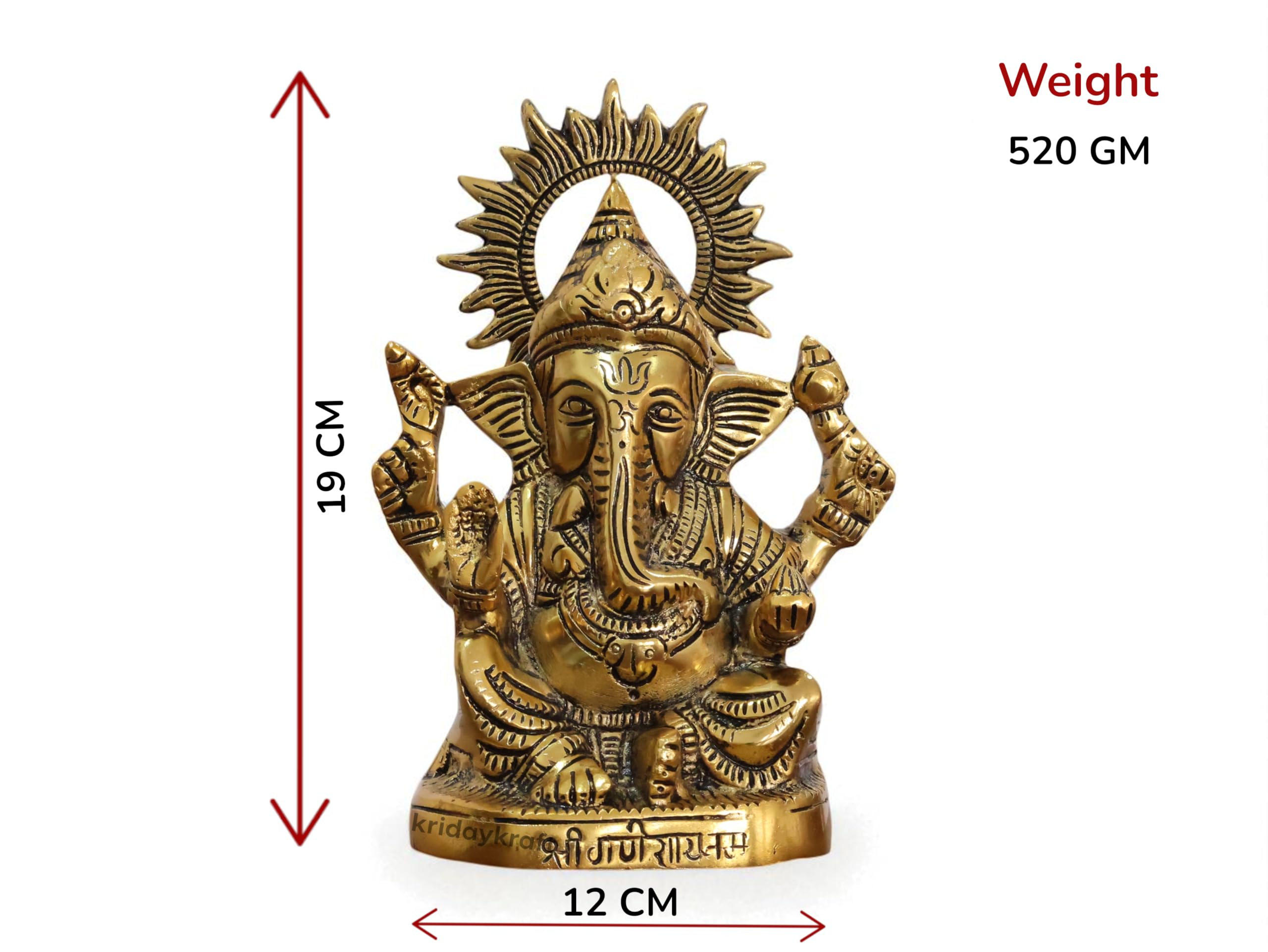 KridayKraft Metal Ganesha Idols ganpati Decoration Statue for Home, 19 cm Height, 12 cm Width, 520 gm, Decorative Hindu Religious Figurine