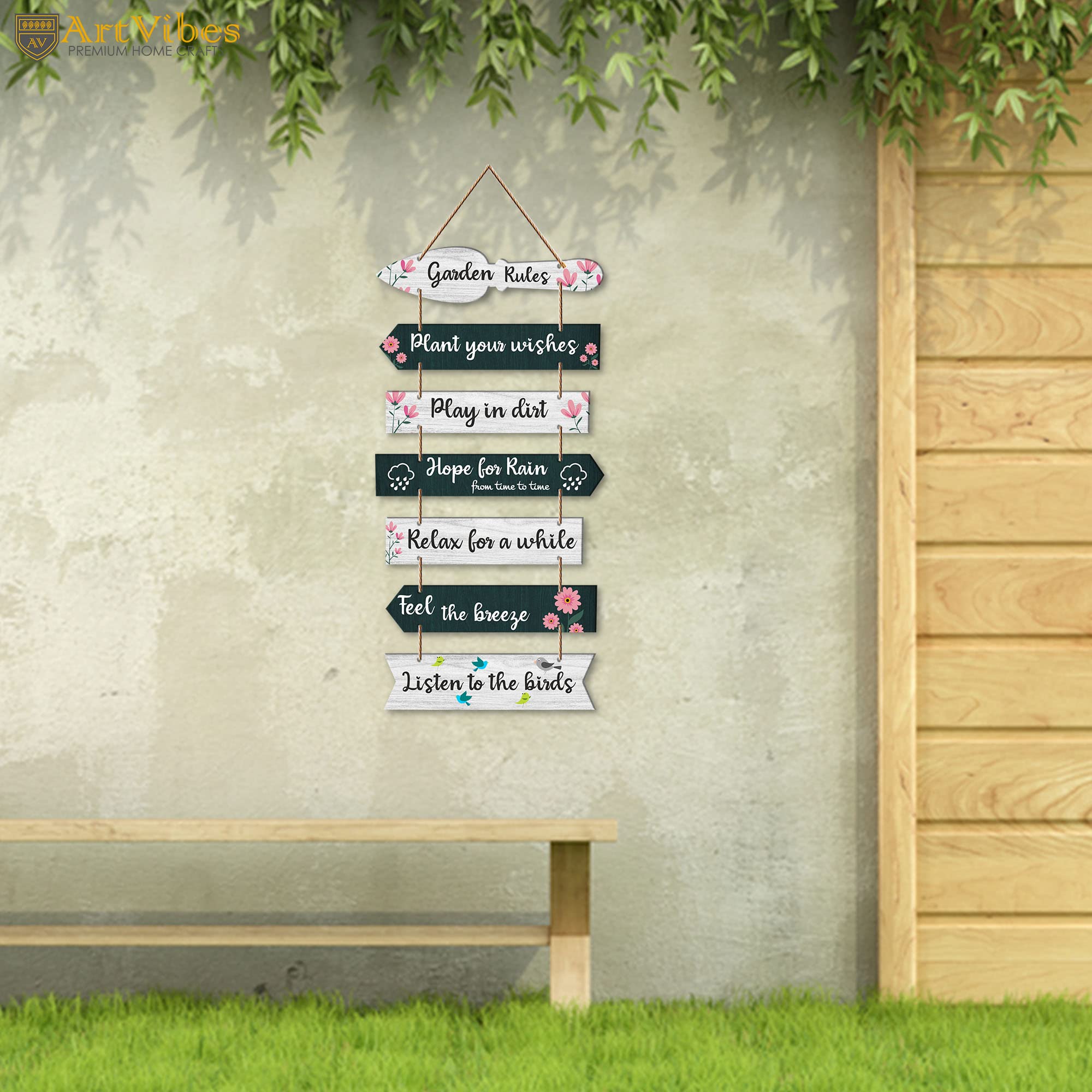 Artvibes Garden Rules Wooden Wall Art For Garden | Balcony | Quotes Decor Item | Craft For Everyone | Decoration Wall Hanging Items | Wall Poster | Unique Gift | Garden Quotes Wall Hanging (WH_7001N)