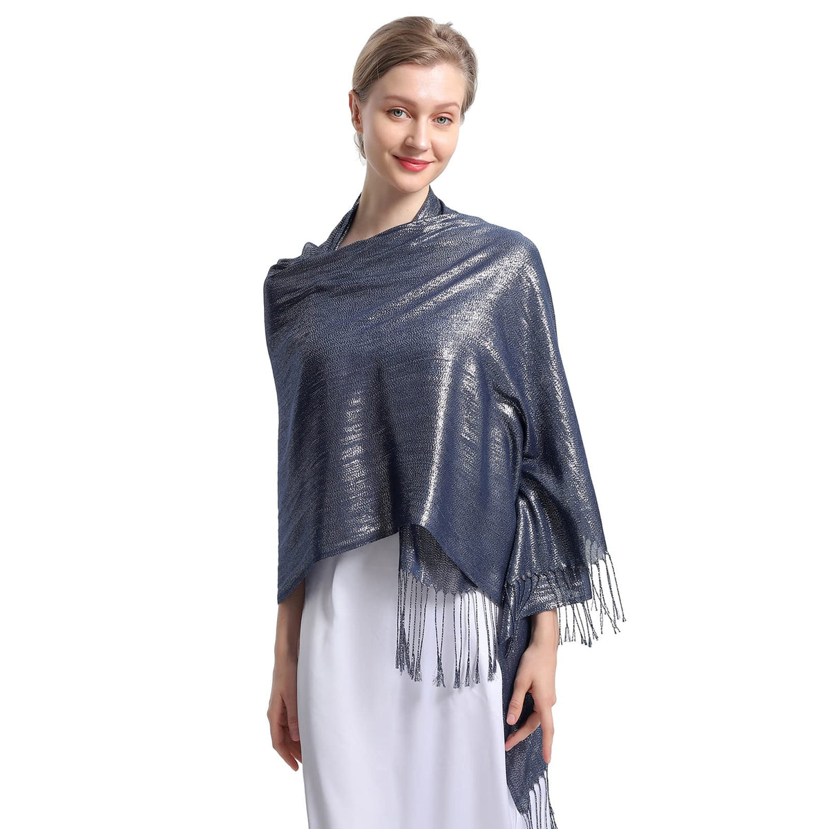 RonFoxi Sparkly Metallic Shawls and Wraps,Women's Glitter Pashmina Shawl Scarf forformal Evening Party Dresses, H-navy Silver, 29*79
