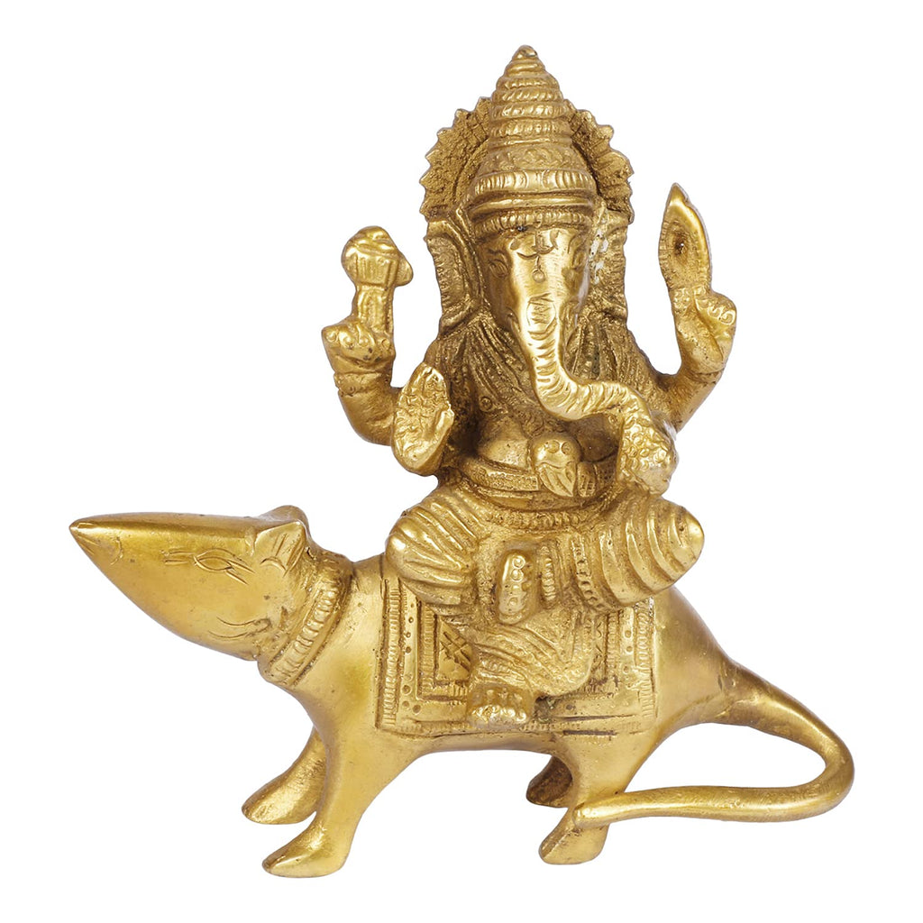 Svarup Brass Mooshak Ganesha Idol in Gold Color Height 6 Inch Weight 0.61 Kg