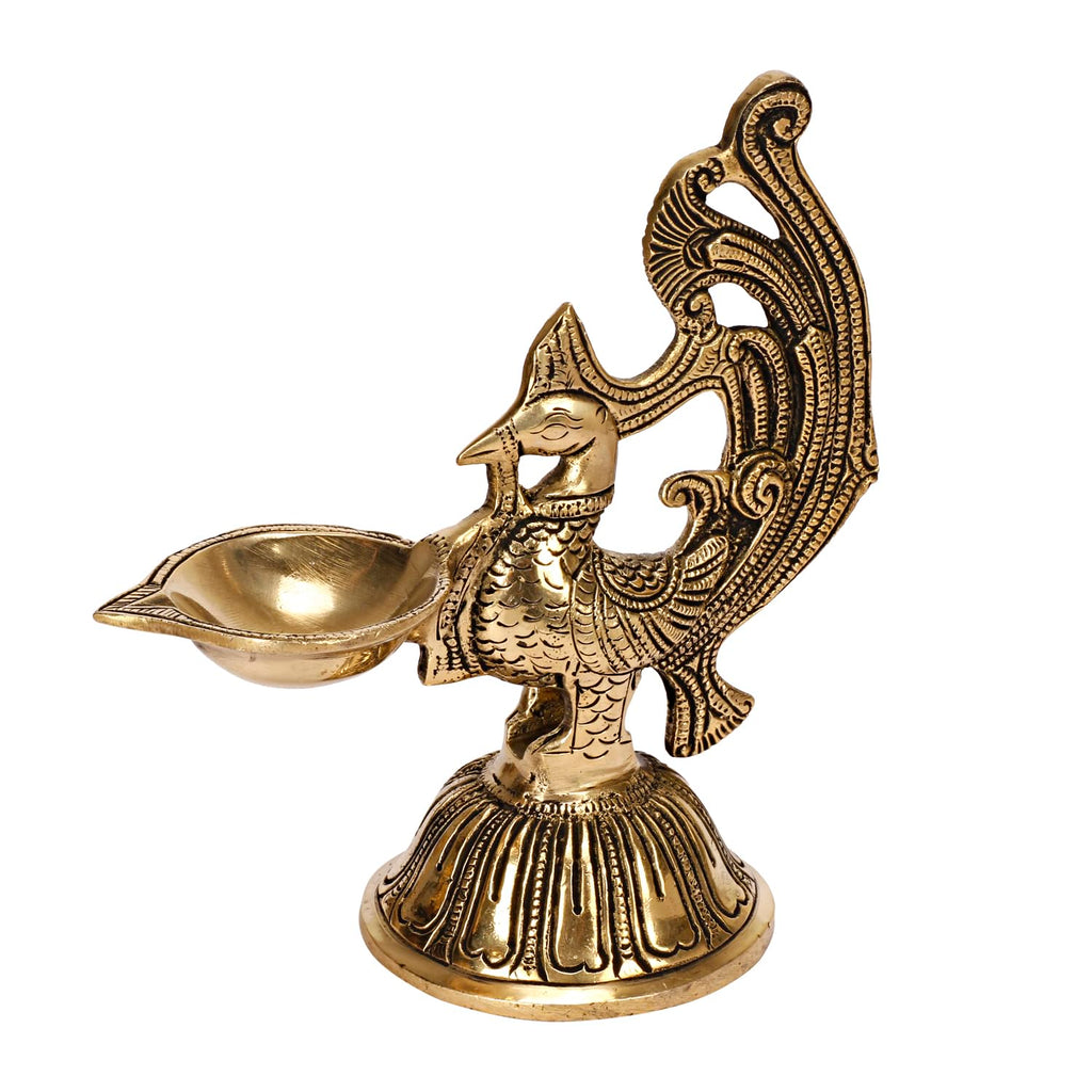 Artvarko Traditional Peacock Brass Diya Oil Lamp Arti Deepam for Home Temple 7 Inch