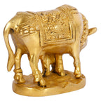 ARTVARKO Brass Cow and Calf Statue Kamdhenu Vastu Gau MATA Idol, Vastu Nandi Pooja Figurine Gold Color 5 Inch.
