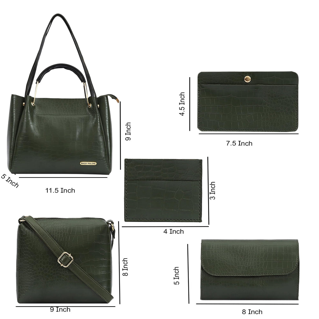 Bagsy Malone Women's Vegan Leather Stylish Tote Bag | Pack of 5 | Ladies Purse Handbag (Croco Olive)