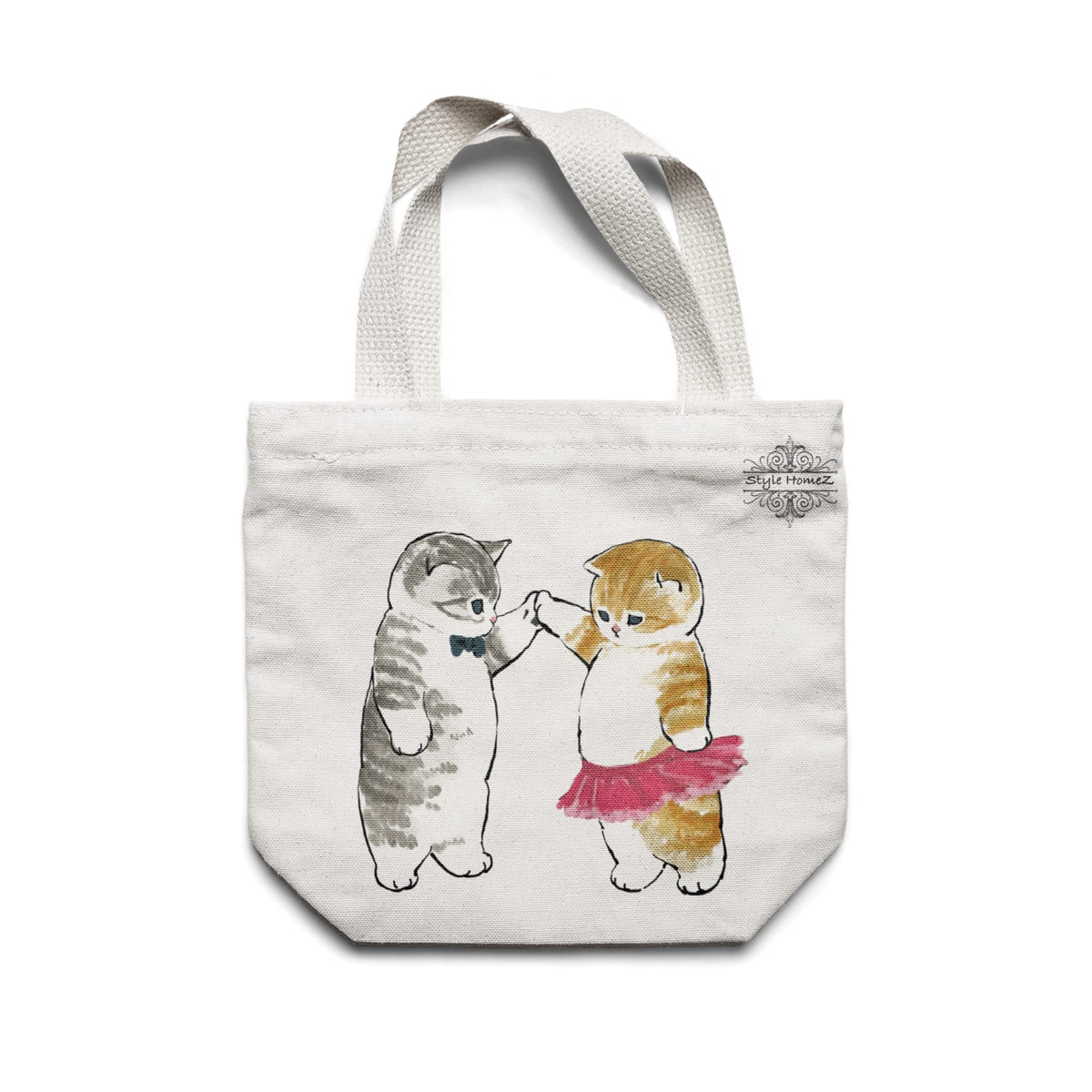 Style Homez Classic Eco-Friendly & Reusable Cotton Canvas Grocery Tote Bag, Medium Size 16 x 14 Inch Natural Color (CATS IN SKIRT)