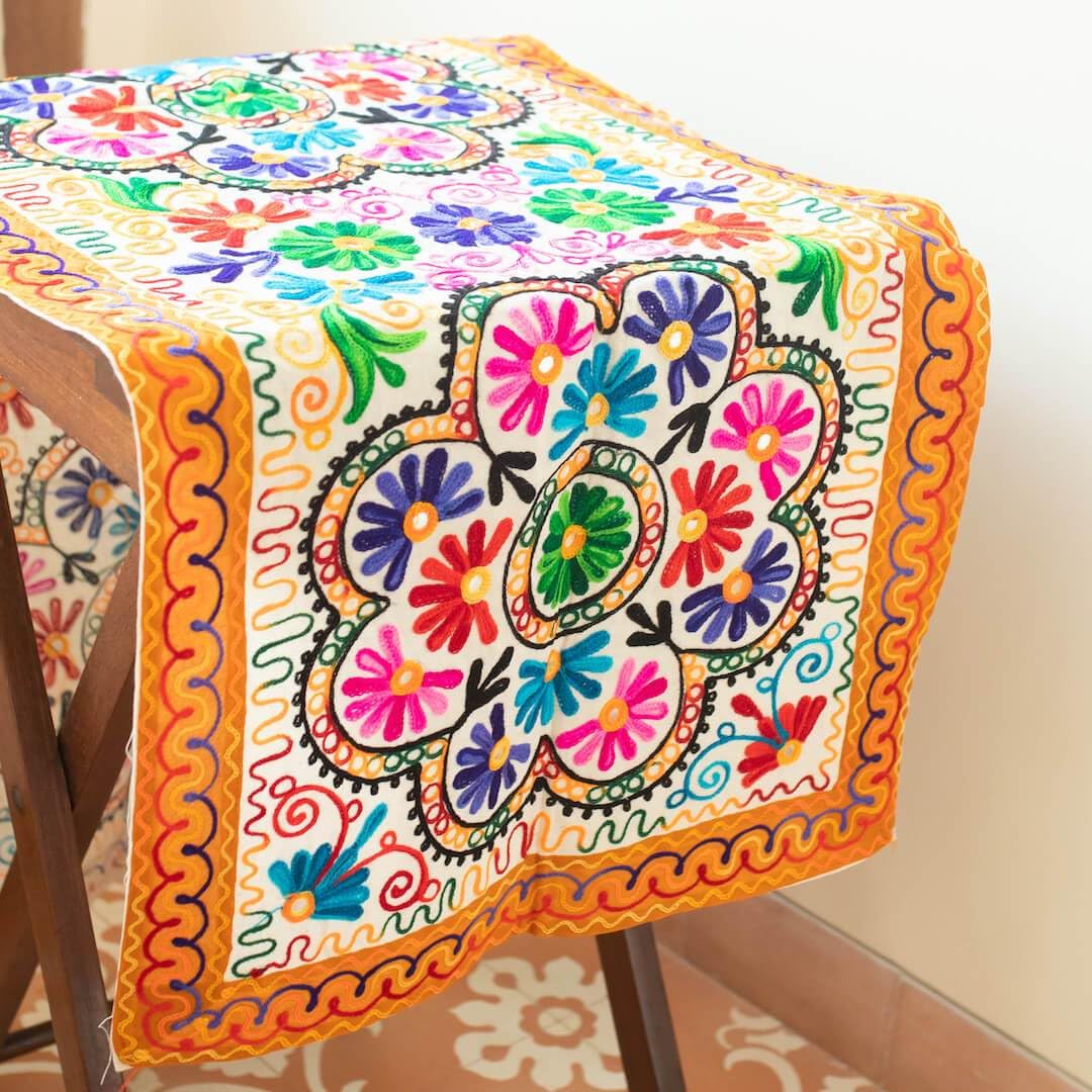 ATRANGI STUDIO Flower Embroidered Table Runner | Handcrafted Traditional Aari Work Table Cloth | Cotton Table Runner with Mirror Accents for Dining & Home Decor | 58 x 19 Inch, Multicolour