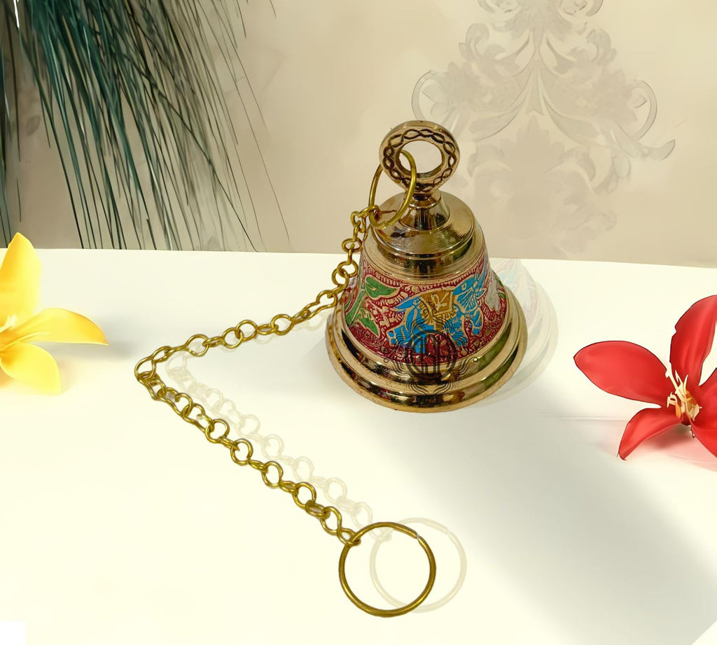 DSH Brass Hanging Bells for Puja Room Decoration Items Hanging Bell for Mandir Temple Decor Ghanti for Mandir. (Red, H-4.5 Inch)