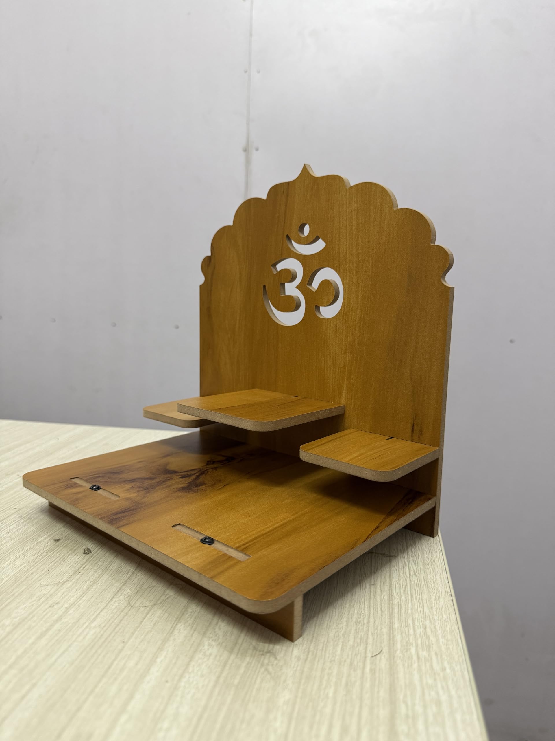 EXPRO Wooden Pooja Stand for Home & Office | Engineered Wood Singhasan for Idols | Wall Mounted & Tabletop Pooja Mandir with OM Design | DIY Small Temple for Living Room & Office (Brown)