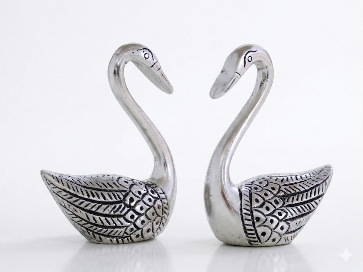 Elegant Metal Swan Pair Showpiece Handcrafted Silver Finished Decorative Figurines for Home Decor, Living Room, and Office – Set of 2 Vastu/Feng Shui Gift Items