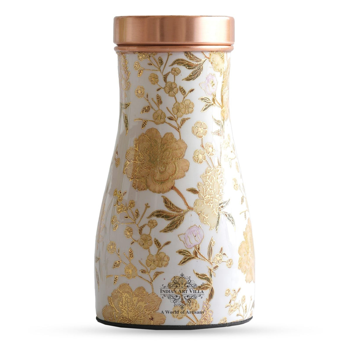 INDIAN ART VILLA Pure Copper Bedroom Bottle with Inbuilt Glass - Floral Design, Drinkware & Serveware, Perfect for Home, Office, and Gifting, Volume- 950 ML