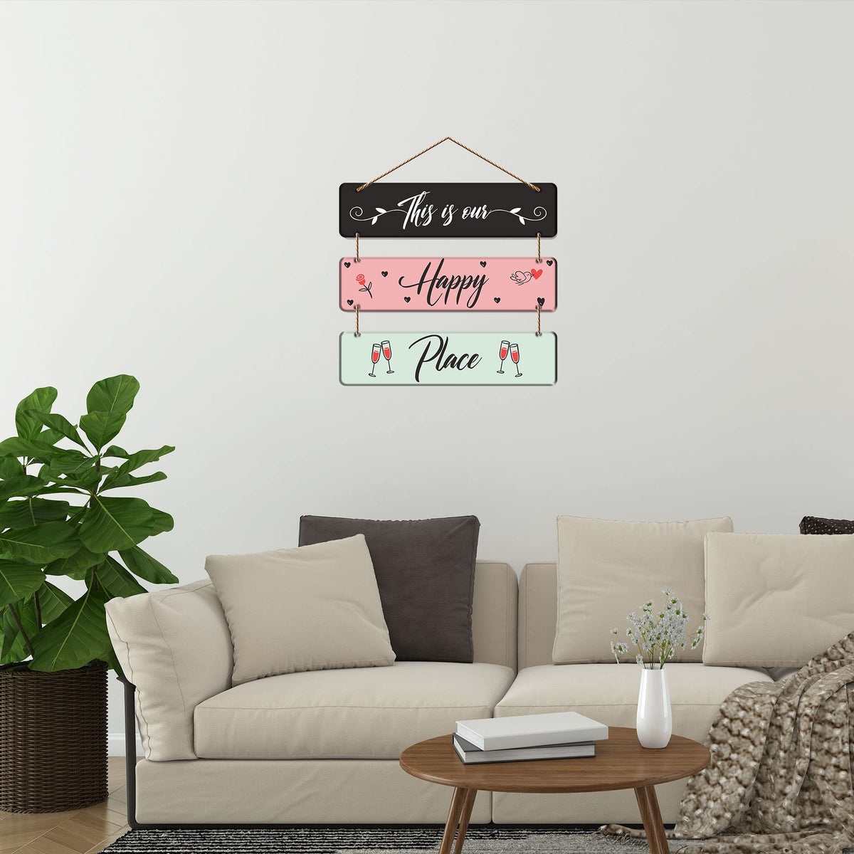 Artvibes This Is Our Happy Place Decorative Wall Art MDF Wooden Wall Hanger for Living Room | Quotes Decor Item | Home Quotes Wall Hanging | Modern Decor Items | Wall Poster | Unique Gift (WH_5304N)