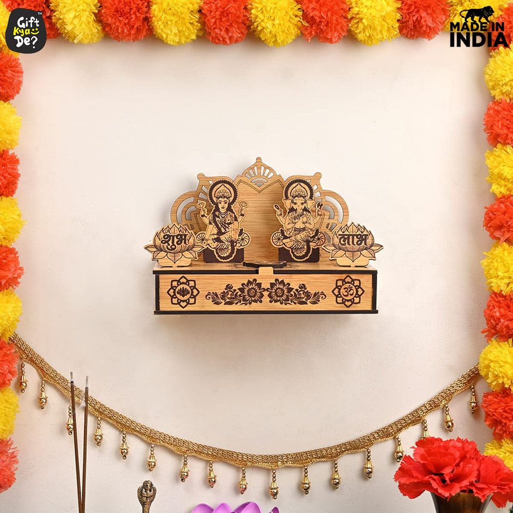 GKD Hamper Mini Mandir with Storage DIY Temple Traditional Design Space to Keep Dry Fruits Chocolates Pooja Items Gift for Housewarming Hanging Mandir (Bamboo 8X1.5X5inch)