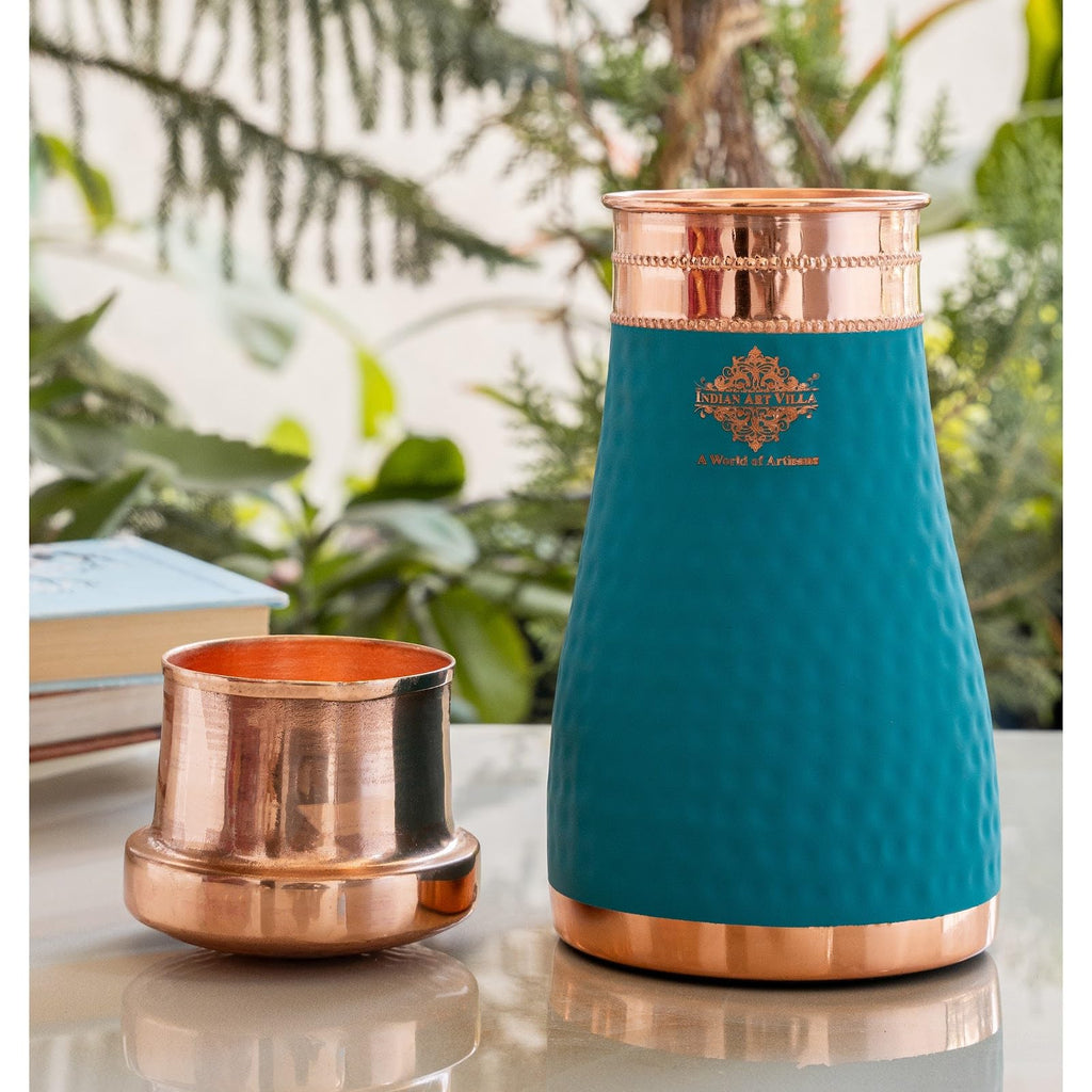 INDIAN ART VILLA Copper Hammered Sky Blue Silk Finish Bedroom Bottle with Inbuilt Glass, 600 ML, Health-Boosting Water Bottle, Ideal for Home, Office, Travel, and Gifting