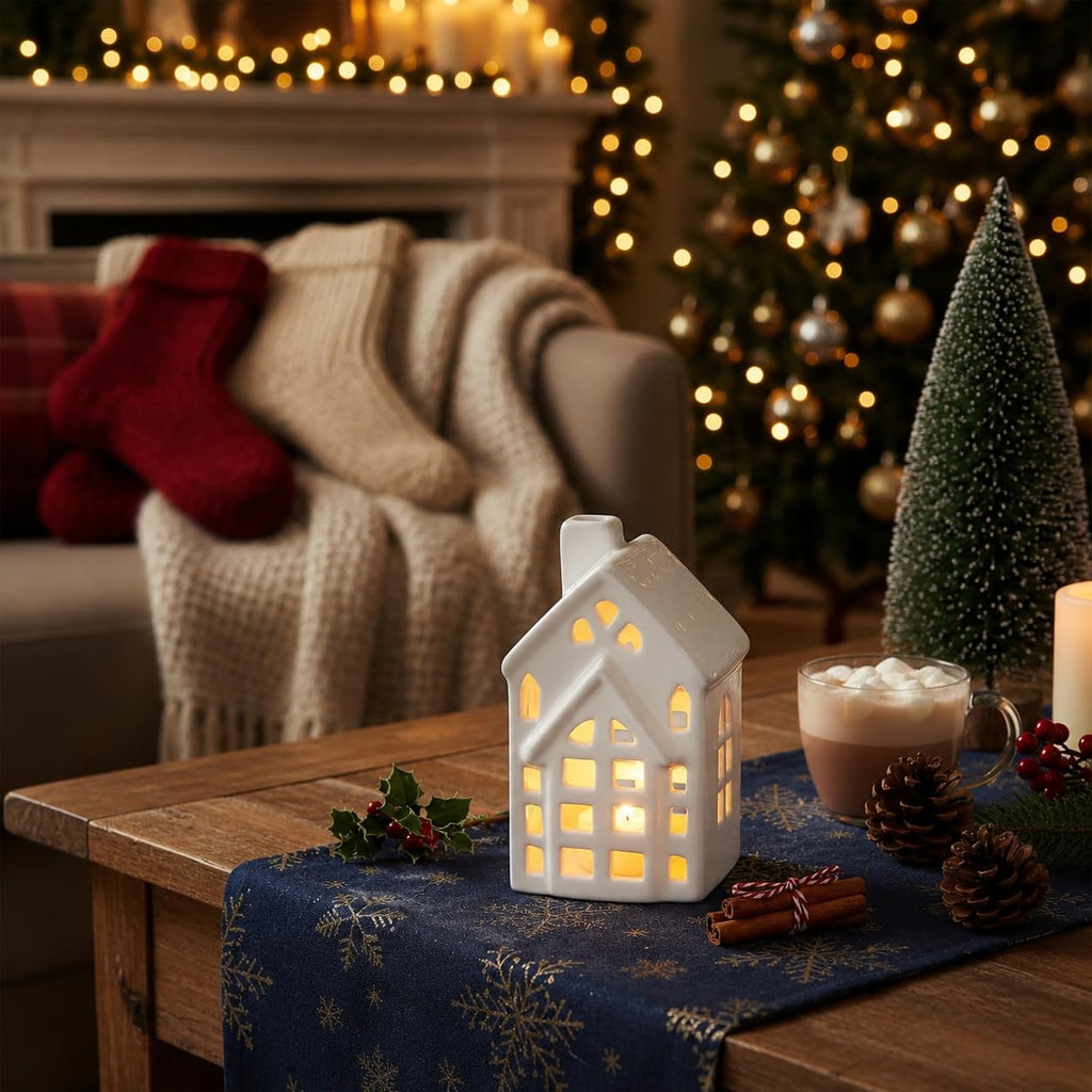 Artful Living India-Ceramic House Tealight Candle Holder – Decorative Light for Diwali, Christmas & Home Decor | White | Handmade Studio Pottery | Free LED Light | Pack of 1 | GlowNest
