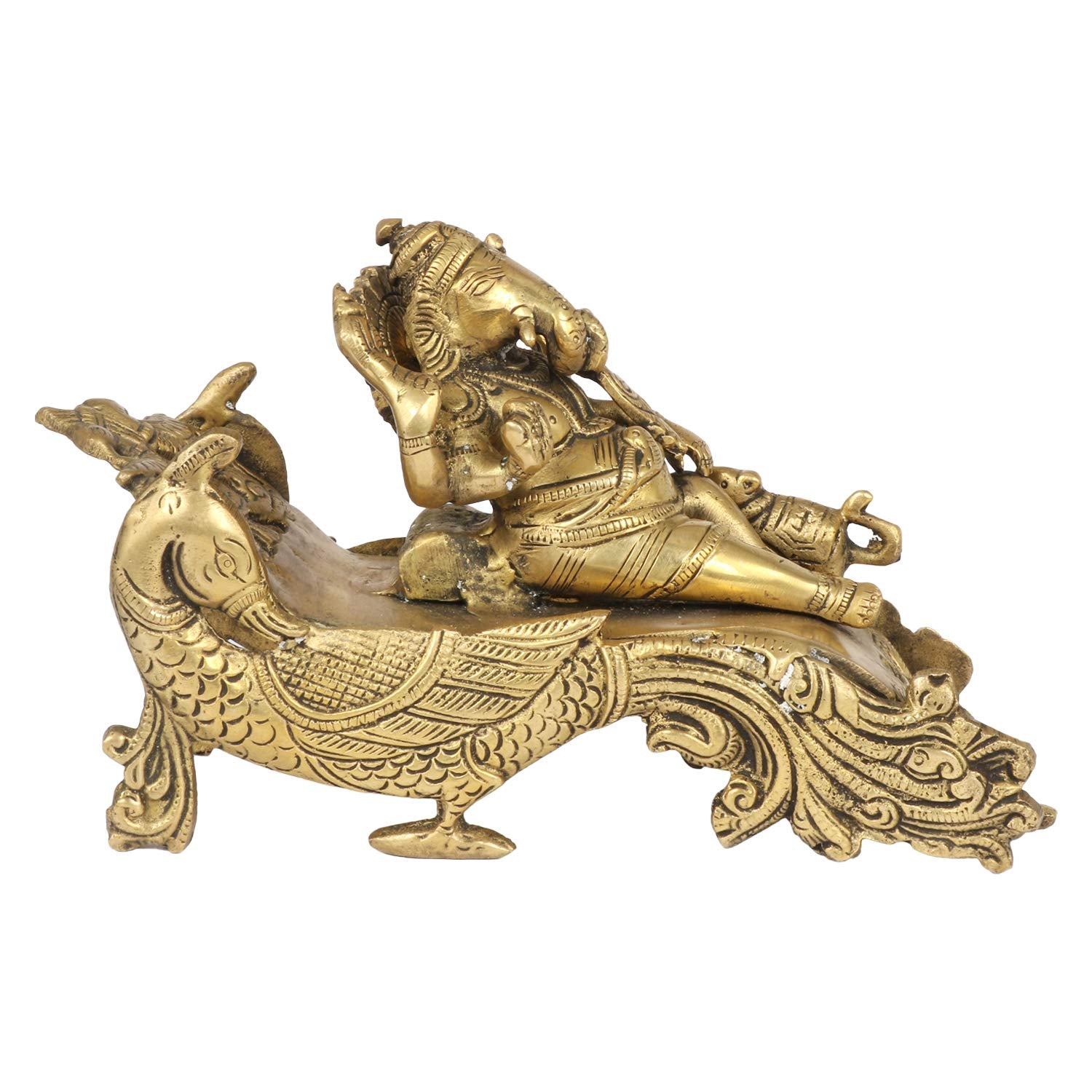 ARTVARKO Brass Ganesh Bhagwan Idol Resting on Designer Peacock Couch Ganapati Pital Moorti for Home Decor Success Office Marriage Length 9 Inch