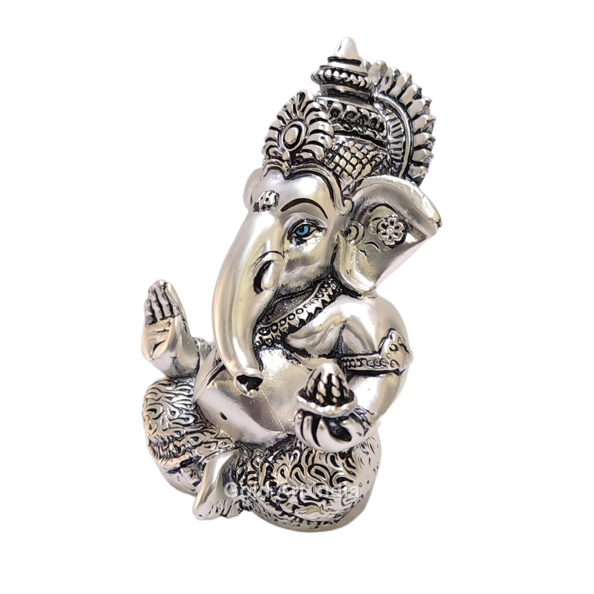 Gold Art India 999 Matte Silver Plated Antique Mukut Ganesha - 3.5 - Perfect for Gifting, Home Decor, Car Dashboard Murti Ganpati Idol for Home Decor Puja Statue Gift for Office Desk Puja Room, God