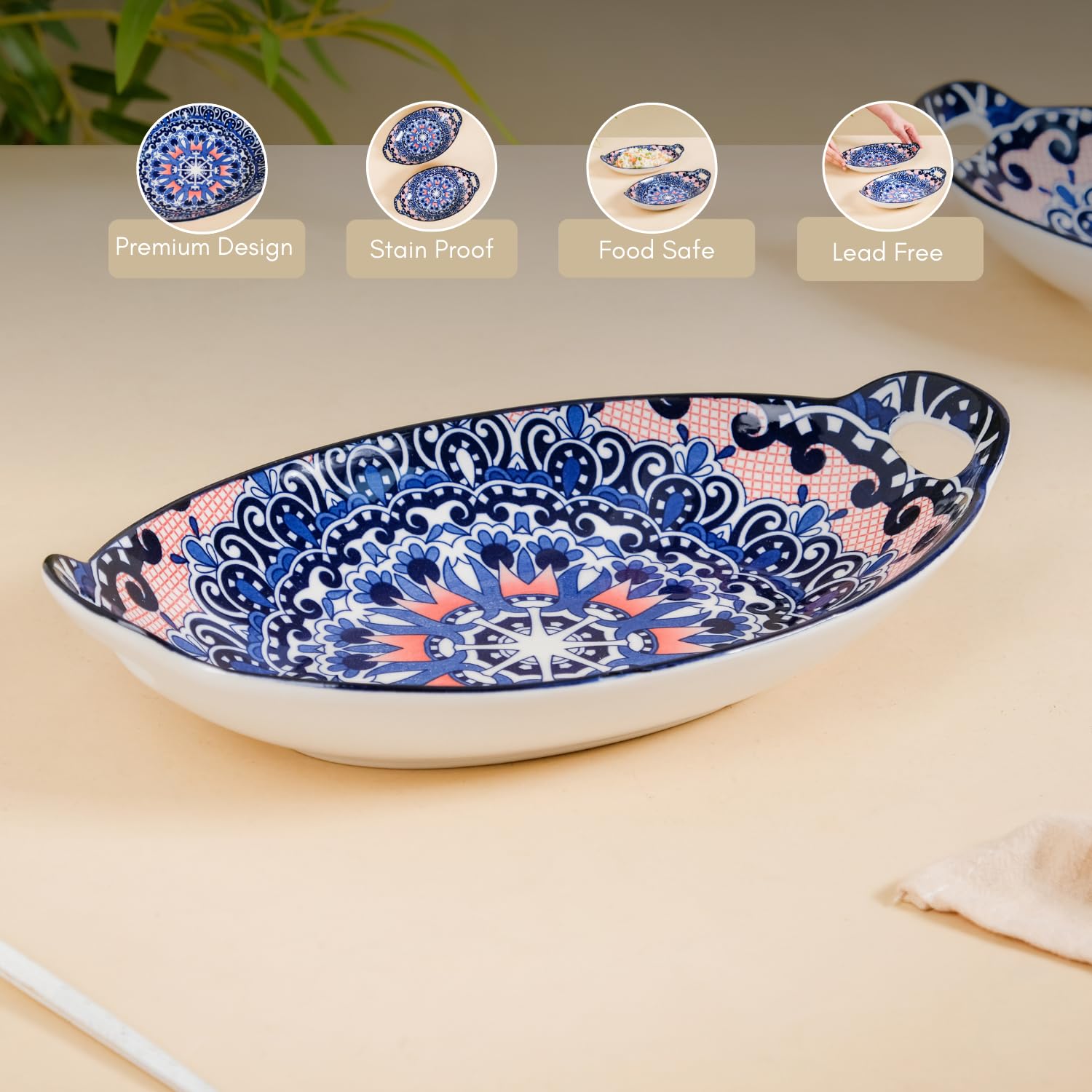 Nestasia Set of 2 Blue Mandala Design Ceramic Serving Platter with Handles for Snacks, Appetizers, Salads, and Noodles | Microwave Safe, Dishwasher Safe (10.8 Inch)