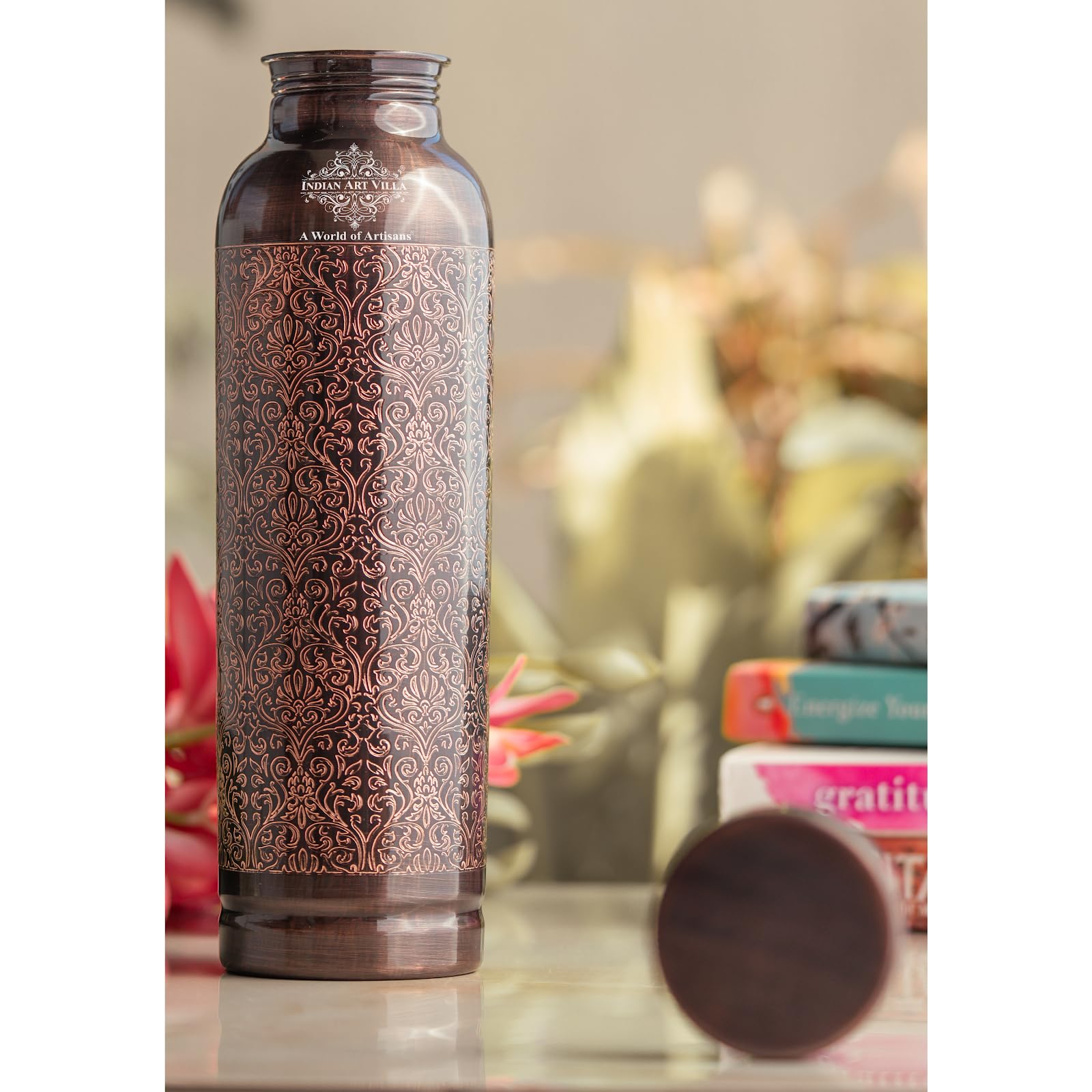 INDIAN ART VILLA Copper Antique Embossed Design Water Bottle – 900 ML, Pure Copper Ayurvedic Water Bottle for Drinkware & Storage, Ideal for Home, Office, Travel, and Gifting