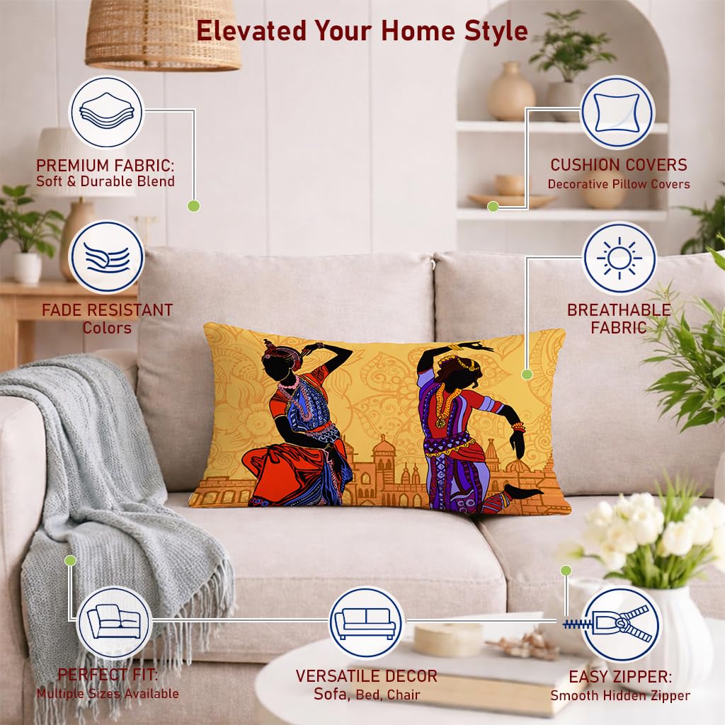 STITCHNEST Set of 2 Nritya Kala Collection Printed Jute Cushion Covers 12x18 Inches | Decorative Throw Pillow Covers for Sofa, Living Room, Bedroom | Perfect for Home Decor