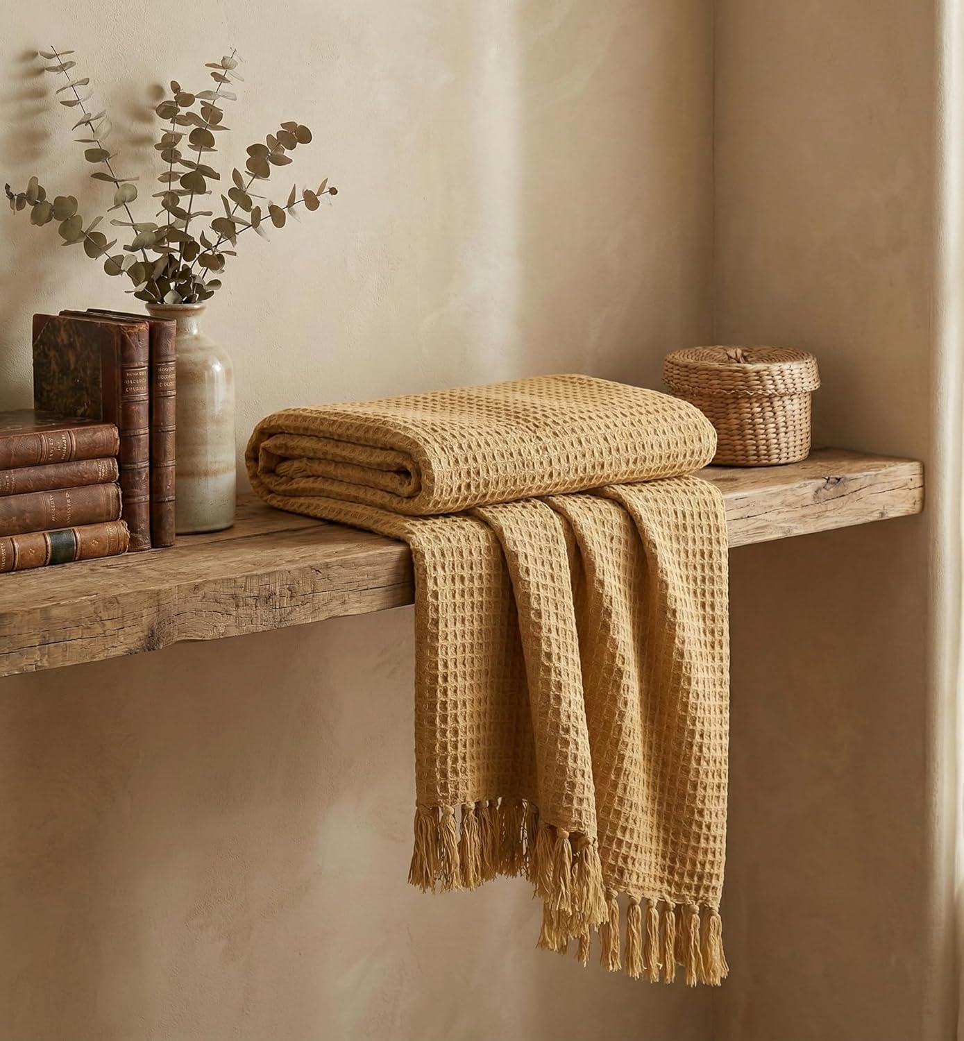 Wisdom Decor Waffle Knit Throw Blanket with Tassels for Sofa & Bed for All Seasons – Lightweight Decorative Cozy Blanket for Living Room & Bedroom (127x152 cm) (Beige) Kafalo