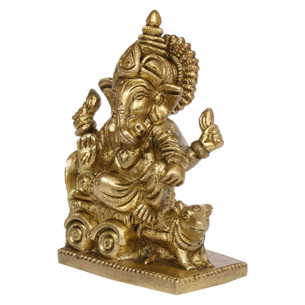 ARTVARKO Brass Ganesha Riding on Chariot Pulled by Rat Ganesh Ganpati Statue Idol for Home Office Puja Temple Home Décor Gift (Size 8x4x9.5)