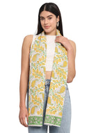 Ravaiyaa - Attitude is everything Female Cotton Women White & Yellow Hand Block Leaf Printed Scarf 71 X 21 Inch