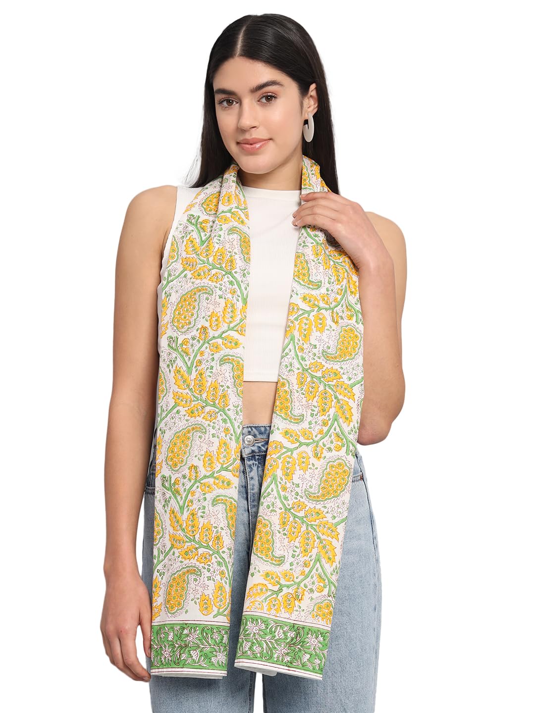 Ravaiyaa - Attitude is everything Female Cotton Women White & Yellow Hand Block Leaf Printed Scarf 71 X 21 Inch