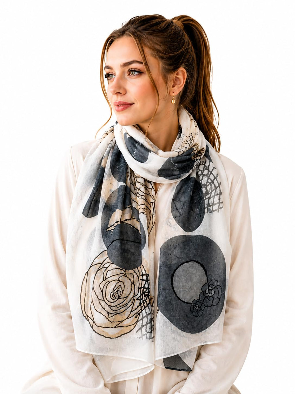 Brightonce Fashion Women’s Abstract Floral Printed Scarf | Beige, Grey & Off White Lightweight Stole Shawl Dupatta | Elegant Head Wrap & Hijab Scarf