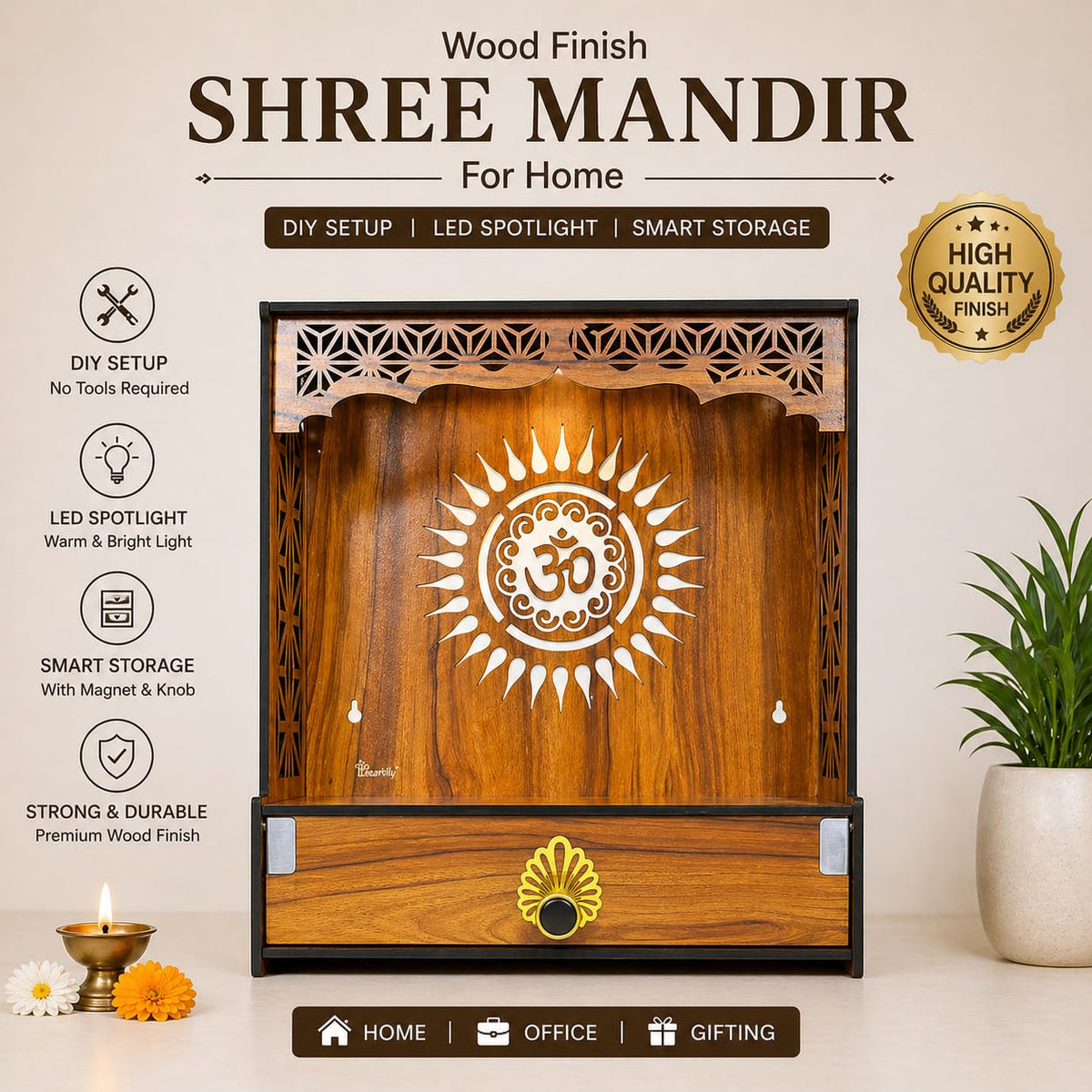 Heartily® Shree Wooden Home Temple Stand with Storage Door Pooja Mandir for Home & Office with LED Spotlight & Magnetic Lock | 2 Feet Height