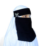 AL RIDHA Women's Babussalam Fabric Fashion Nosepiece One‑Layer Half Hijab Pendant Design Saudi Niqab for Muslim Women and Girls, Black (Pearl Bow Pendant)