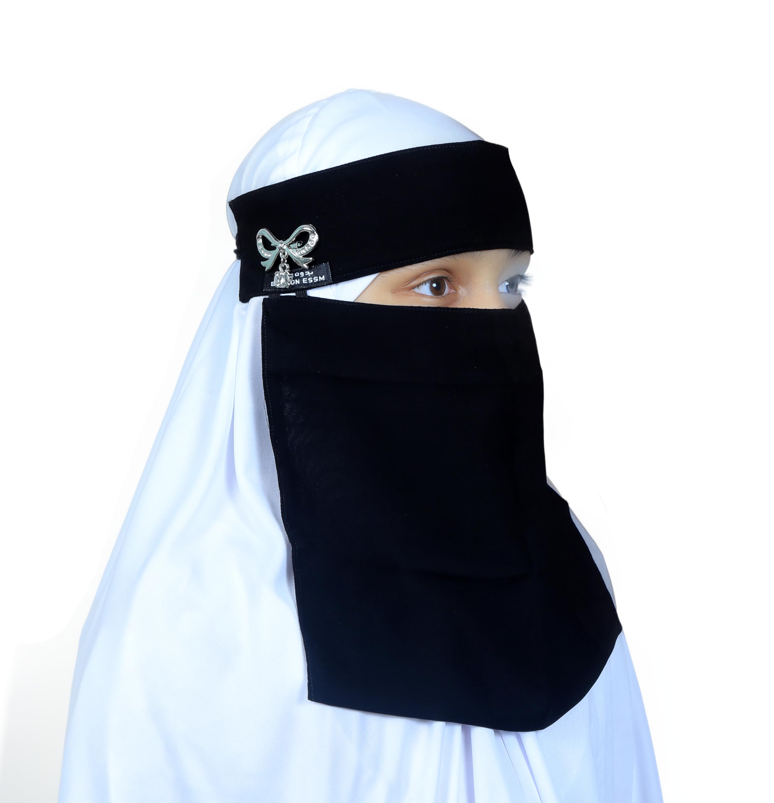 AL RIDHA Women's Babussalam Fabric Fashion Nosepiece One‑Layer Half Hijab Pendant Design Saudi Niqab for Muslim Women and Girls, Black (Pearl Bow Pendant)