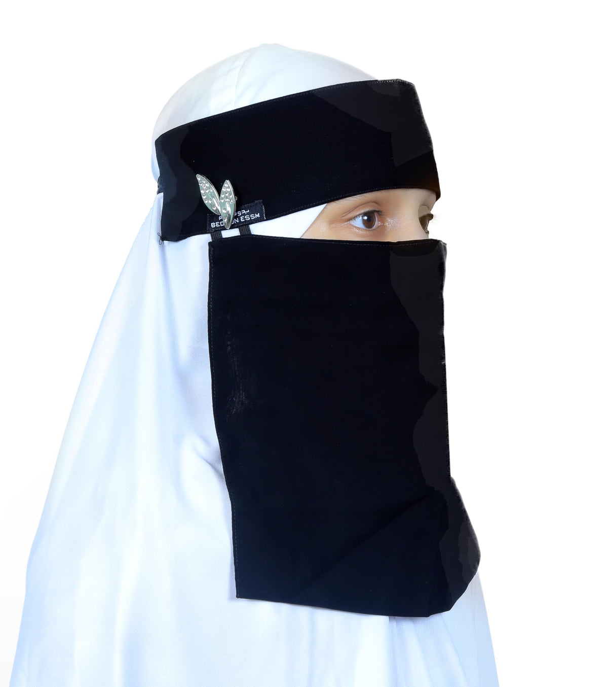 AL RIDHA Women's Babussalam Fabric Fashion Nosepiece One‑Layer Half Hijab Pendant Design Saudi Niqab for Muslim Women and Girls, Black (Crystal Leaf Pendant)