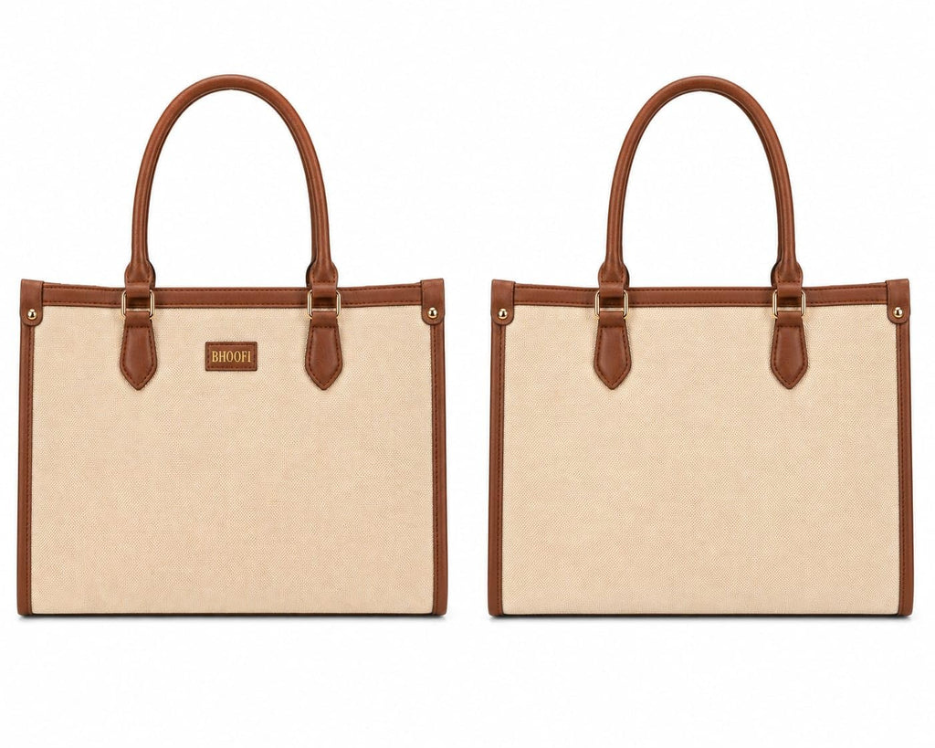 bhoofi Handbag for Women | Office Tote Bag with Laptop Compartment | Large Capacity Jute & Vegan Leather Shoulder Bag | Stylish Work Bag for Office, College & Travel | Fits up to 15.6 Inch Laptop