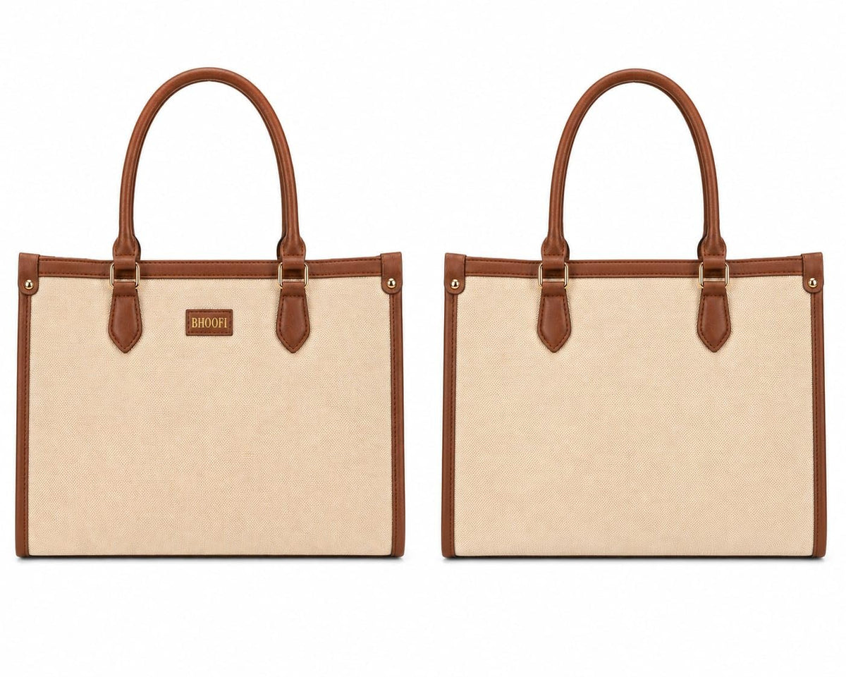 bhoofi Handbag for Women | Office Tote Bag with Laptop Compartment | Large Capacity Jute & Vegan Leather Shoulder Bag | Stylish Work Bag for Office, College & Travel | Fits up to 15.6 Inch Laptop