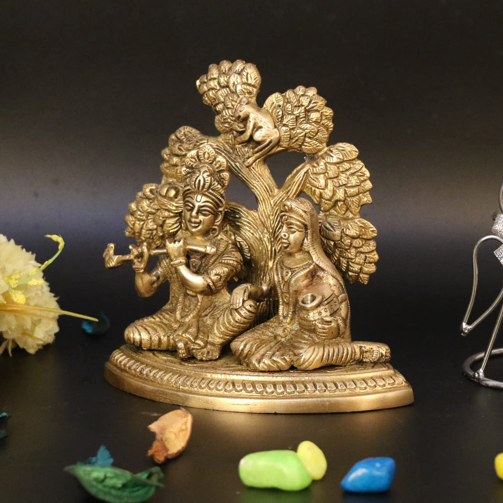 ARTVARKO Brass Radha Krishna Sitting Under Tree Idol Murti Statue Home Office Temple Mandir Pooja Puja Room