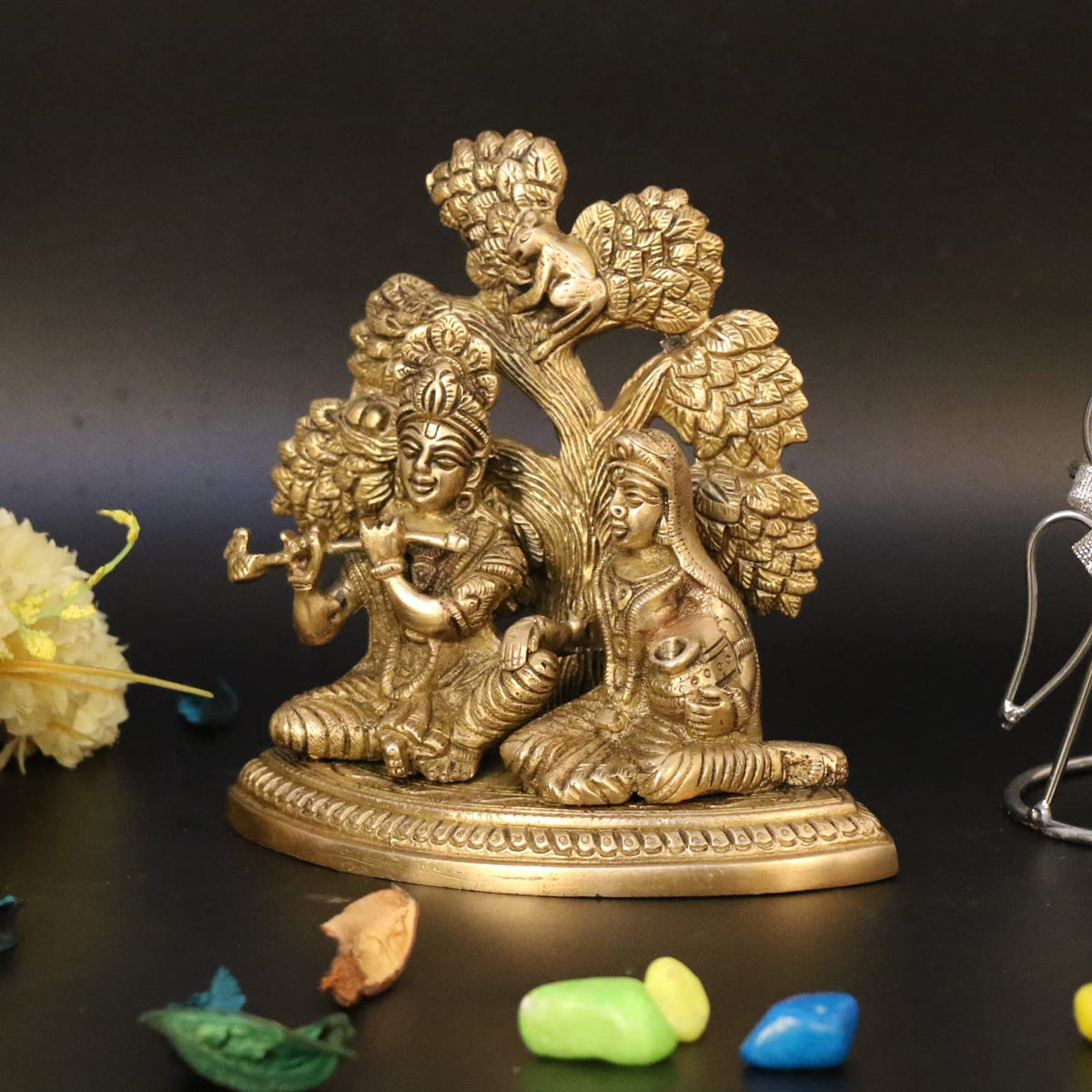 ARTVARKO Brass Radha Krishna Sitting Under Tree Idol Murti Statue Home Office Temple Mandir Pooja Puja Room
