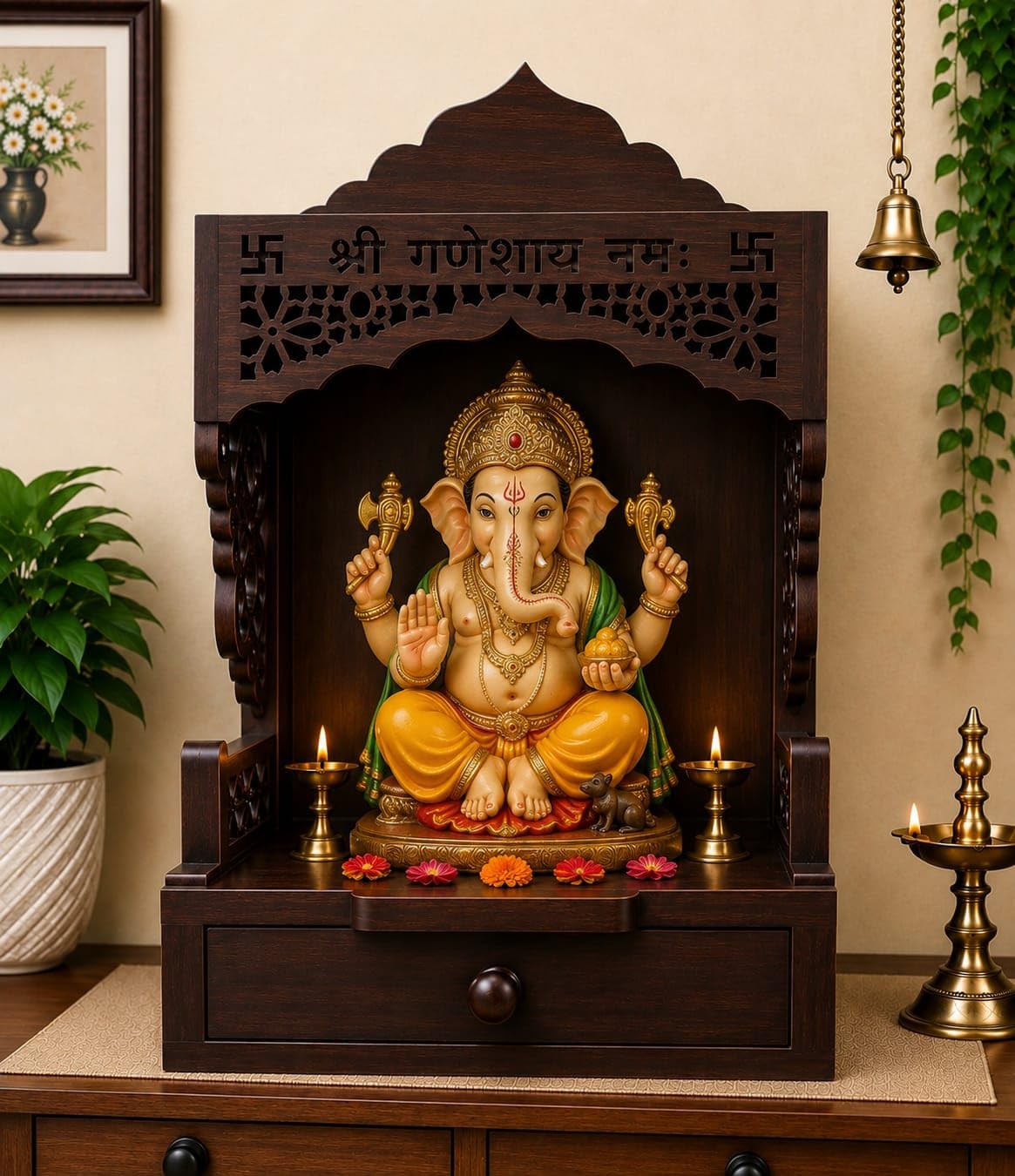 Wooden Pooja Mandir with Drawer, Shri Ganeshay Namah Carved Size 18x12