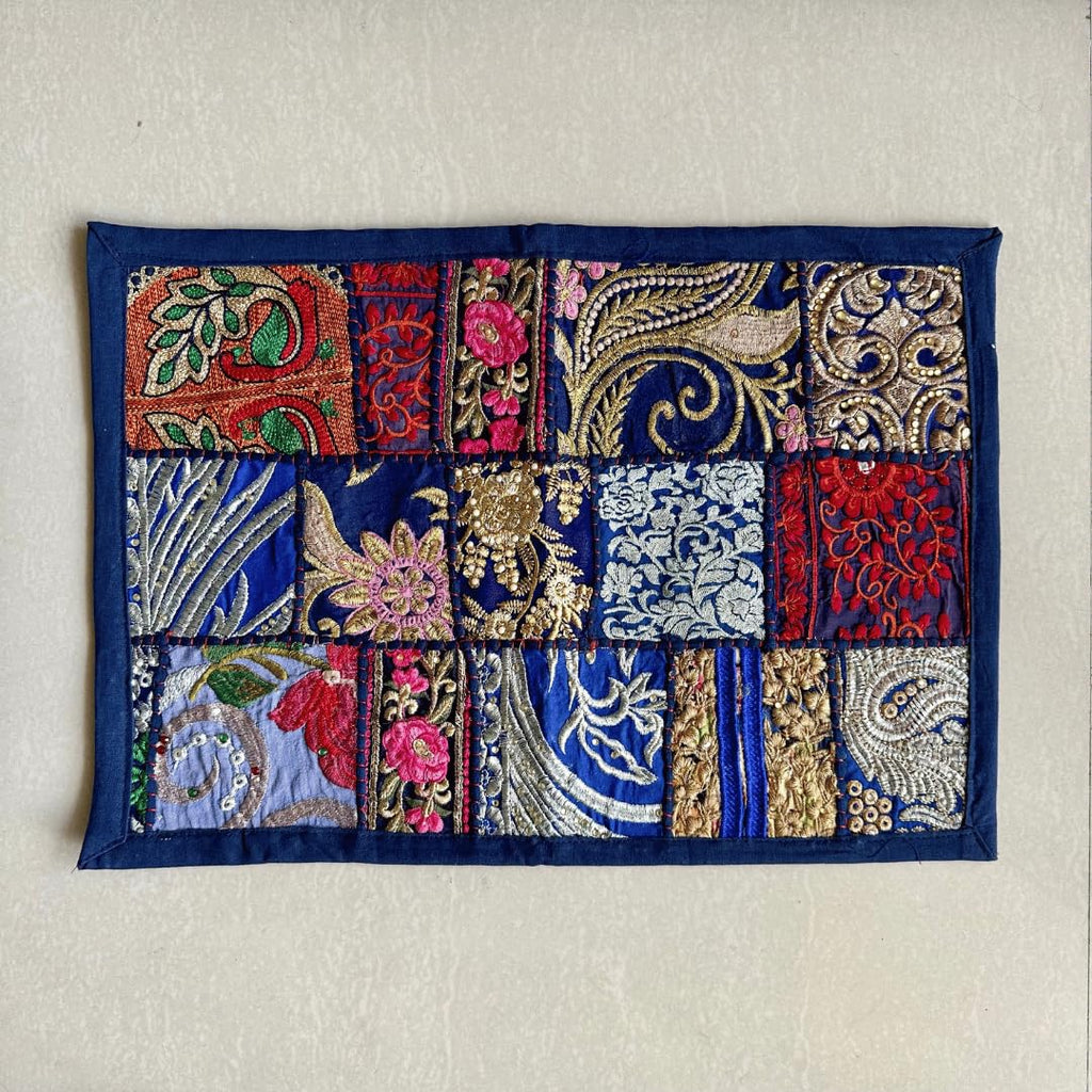 ATRANGI STUDIO Patchwork Table Mat | Traditional Rajasthani Khambadiya Placemat | Handmade Reusable Dining Table Mat for Home Decor | Colourful Dining Setup | 12x18 Inch, Blue