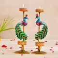 CraftVatika Metal Peacock Candle Holder Set of 2 - Perfect House Decoration Diwali Gifting Items, Handpainted Tealight Candle Holders for Home Christmas Décor (21.5 CM Height)
