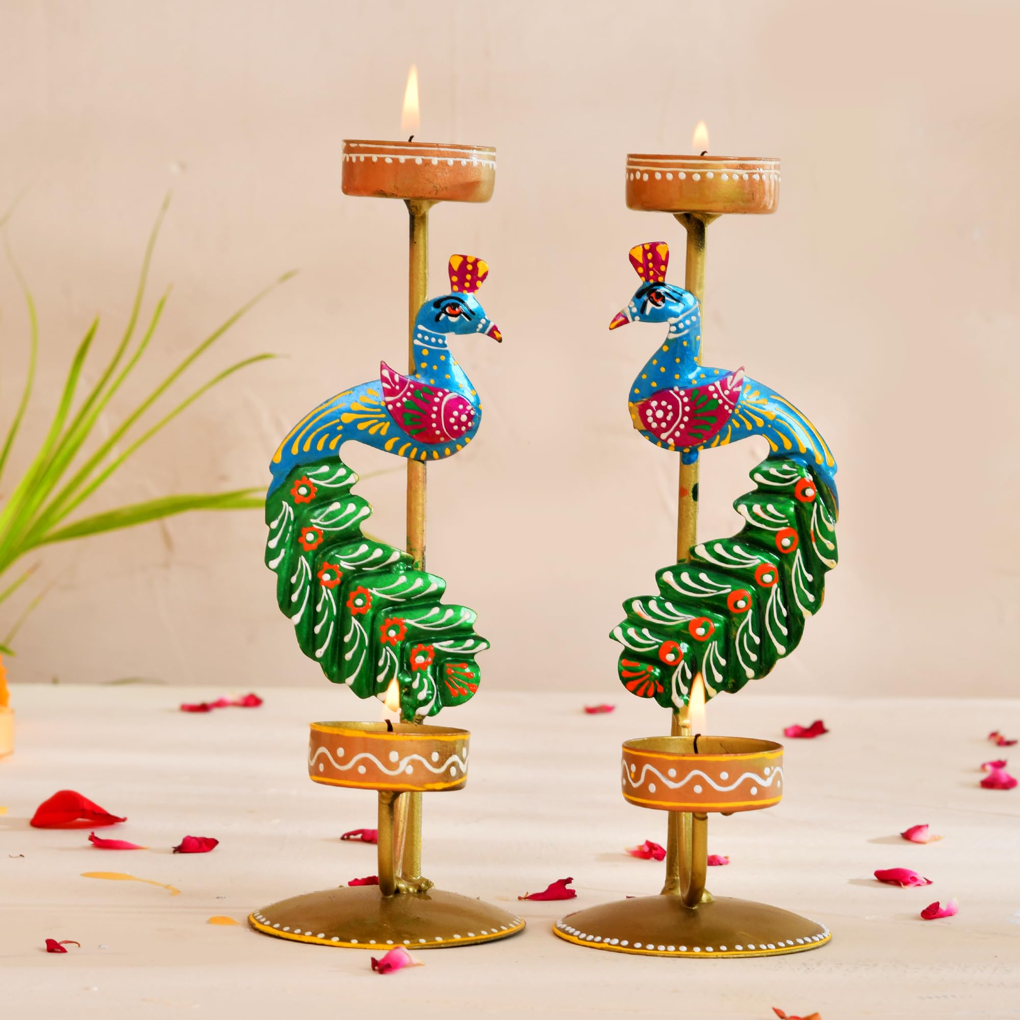 CraftVatika Metal Peacock Candle Holder Set of 2 - Perfect House Decoration Diwali Gifting Items, Handpainted Tealight Candle Holders for Home Christmas Décor (21.5 CM Height)